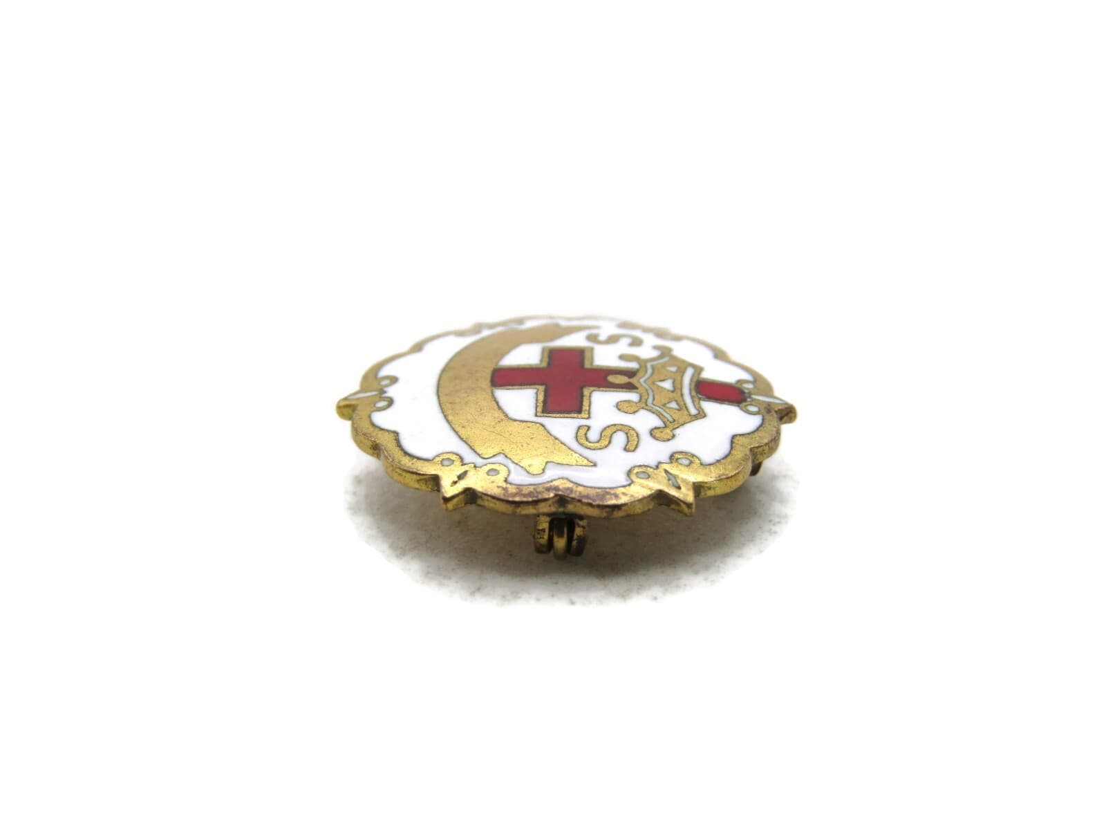S. S. Cross Crown Pin White Red & Gold Tone 2