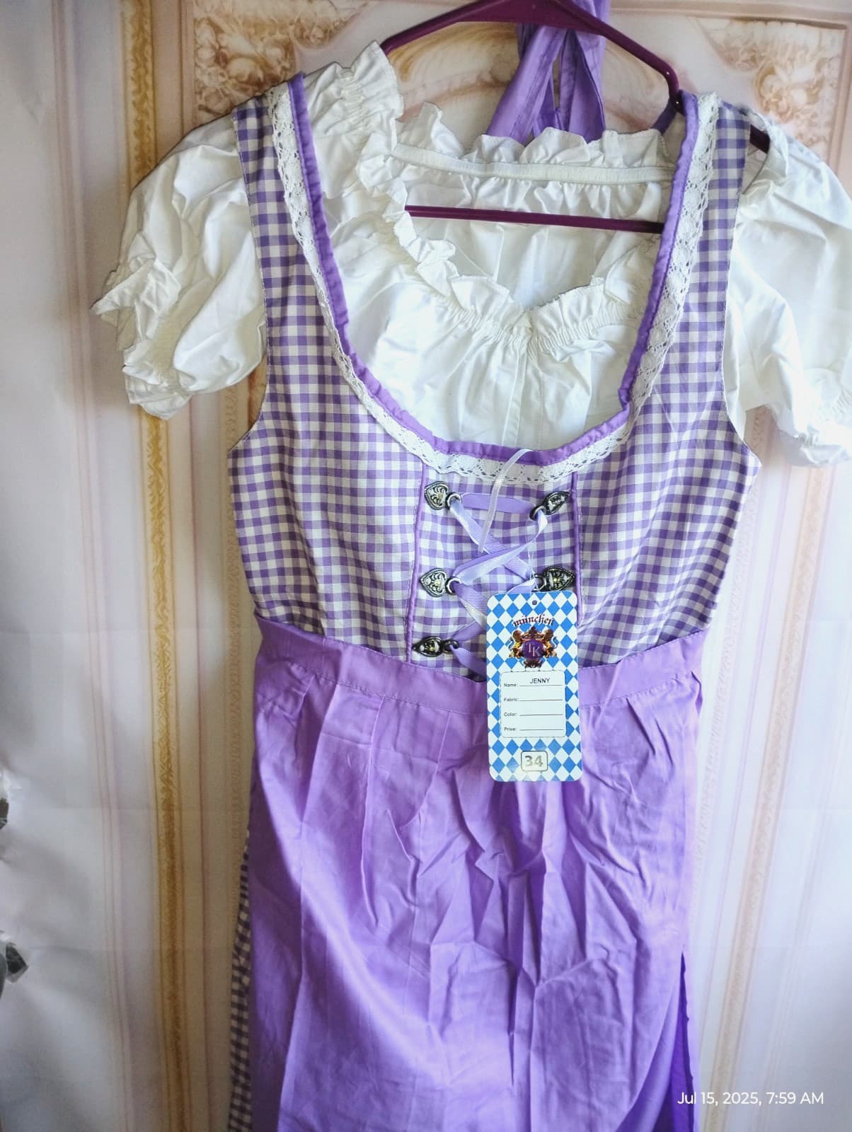 sz 2/4,waist 23".NEW!Germany,Trachten,Oktoberfest,Dirndl Dress,3-pc,Lilac, white