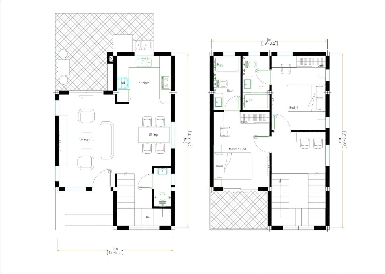 20x30 Feet Small House Plan 6x9 Meter 2 Beds 2 Baths PDF Plan (A4 Hard Copy) 2