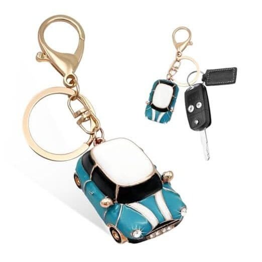 Car Key Chain, Rhinestone Detail 3D Cute Car Model Keychain, Mini Lake Blue