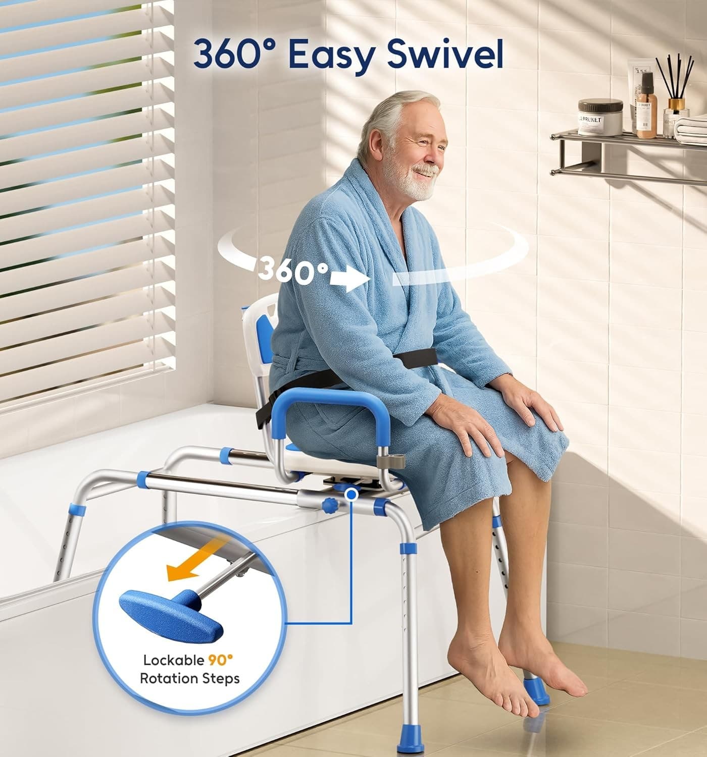 Sliding shower chair with swivel seat, tub bench, non-slip arms & safety belt 4