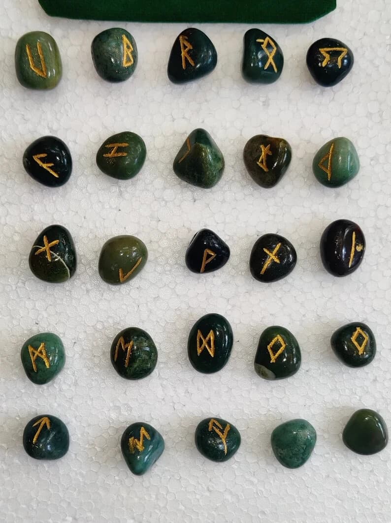 Green Jade Rune Stone Set - 25 Elder Futhark Runes with Velvet Pouch. 3