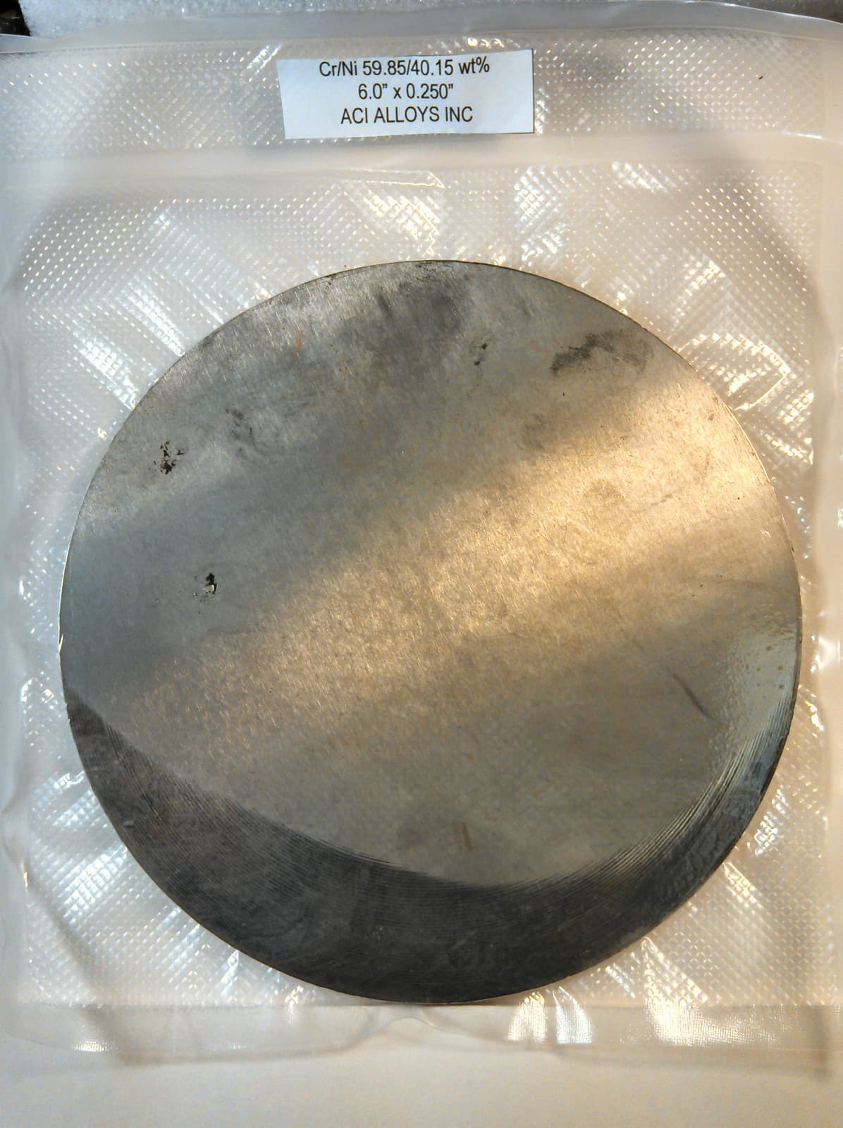 Sputter target: Chromium/Nickel Cr/Ni 60/40 wt% 6.00" dia x 0.25" thk, 99.99%