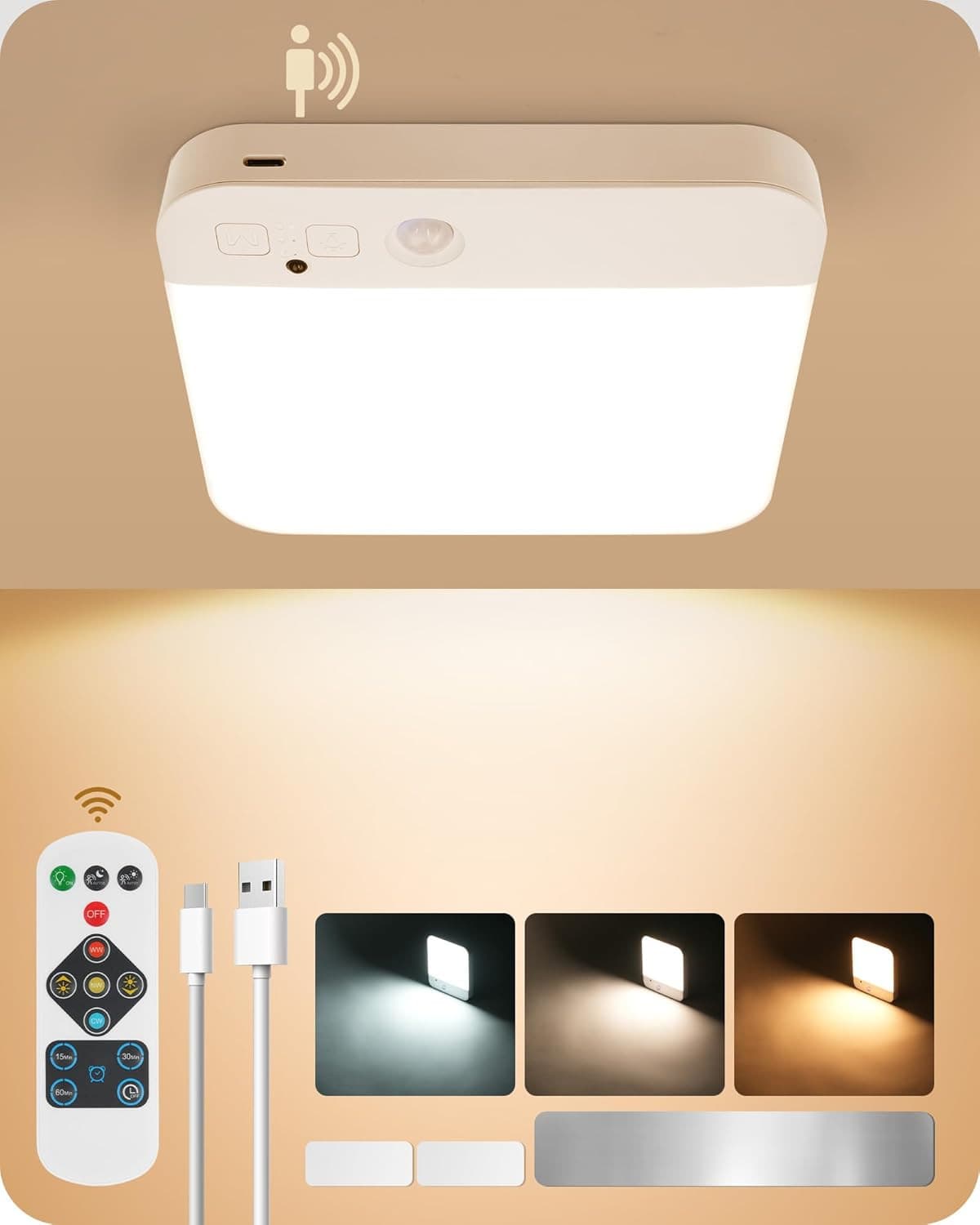 Wireless Rechargeable Ceiling Light with Remote, Motion Sensor, Dimmable 500LM