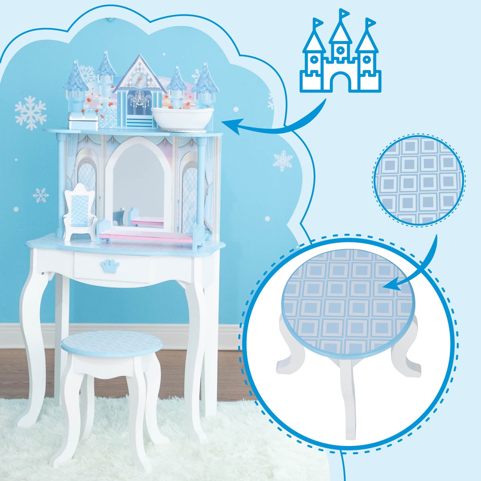 Fantasy Fields Dreamland Castle Kids Vanity Table & Stool, Blue 2