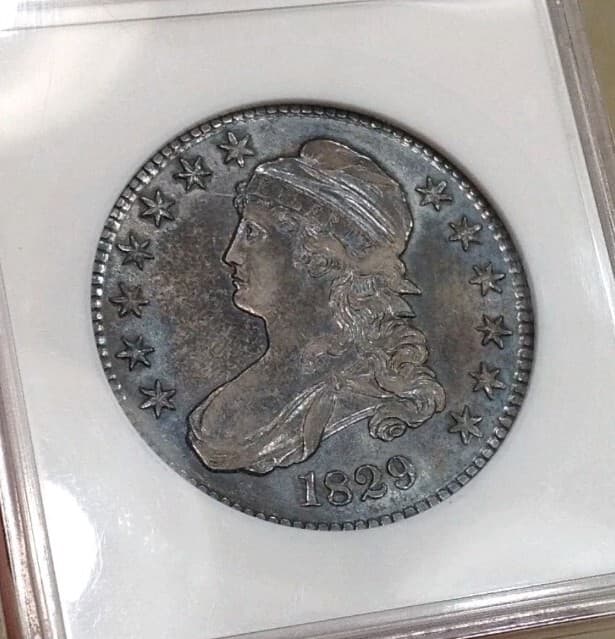 1829 50C Capped Bust Silver Half Dollar AU-50 Old ANA Holder Gun Metal Toning PQ 3