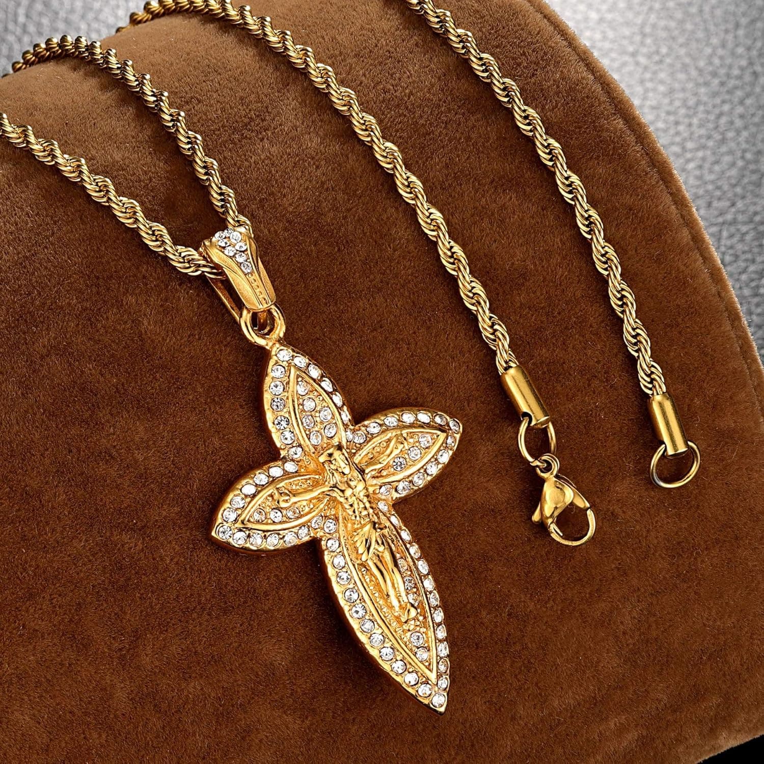 Mens Gold Iced Out Jesus Crucifix Cross Pendant Necklaces for Men & Women, Stain 4