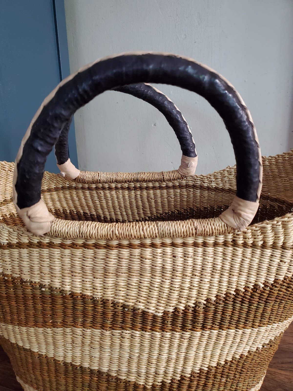 Handmade Large Woven Straw Leather Handle Bolga Market Tote Bag 3