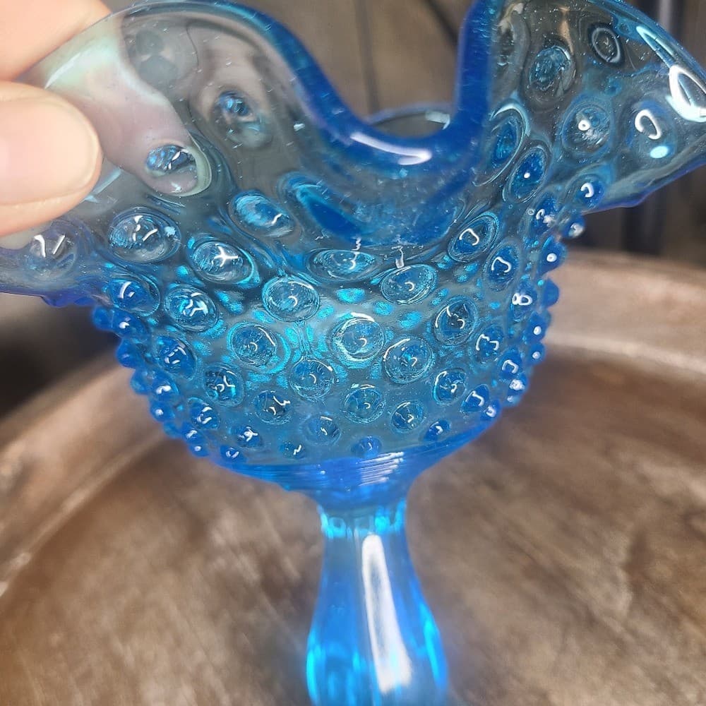 Vintage Fenton Pressed Glass Hobnail Tourqoise Glass Ruffled Edge Compote 6 x5 5