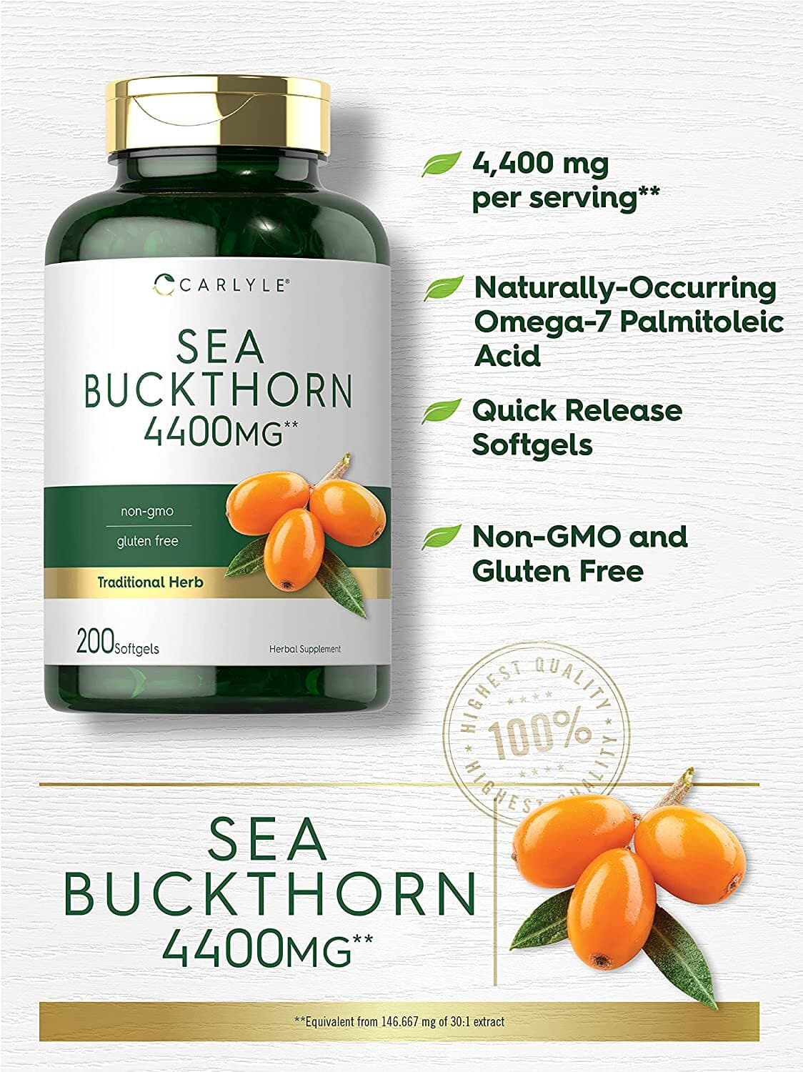 Sea Buckthorn Oil Capsules 4400mg | 200 Softgels | by Carlyle 3