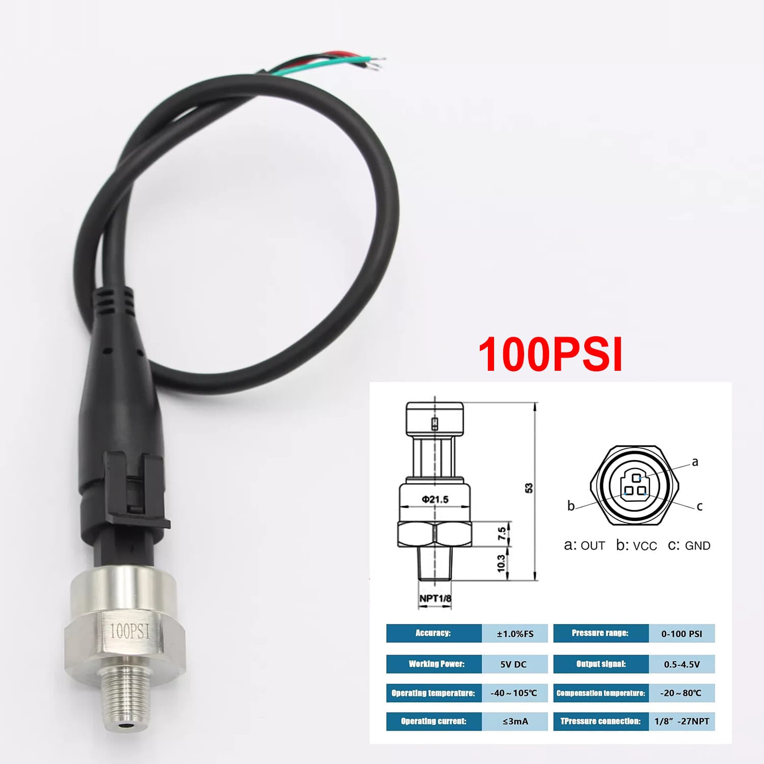 5V Fuel Pressure Transducer 100/150/200/300/500/1000/1600Psi for Oil Air Water 4