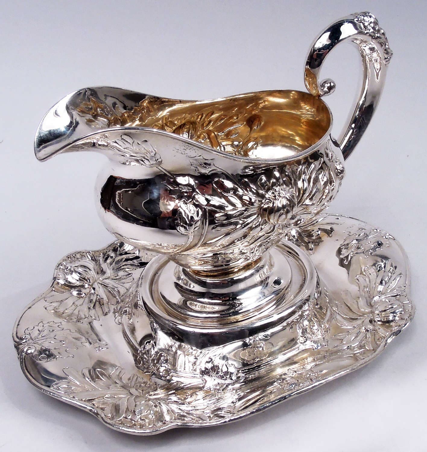 Alvin Gravy Boat Stand 2996 Chrysanthemum Sauce American Sterling Silver 2