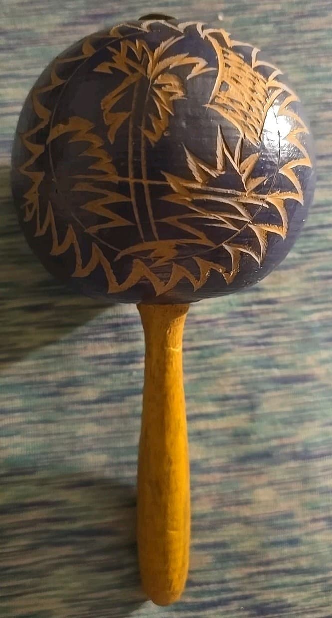 Vintage Hand Carved,  Handmade Maracas With Etched Design, Queen And Jungle 2