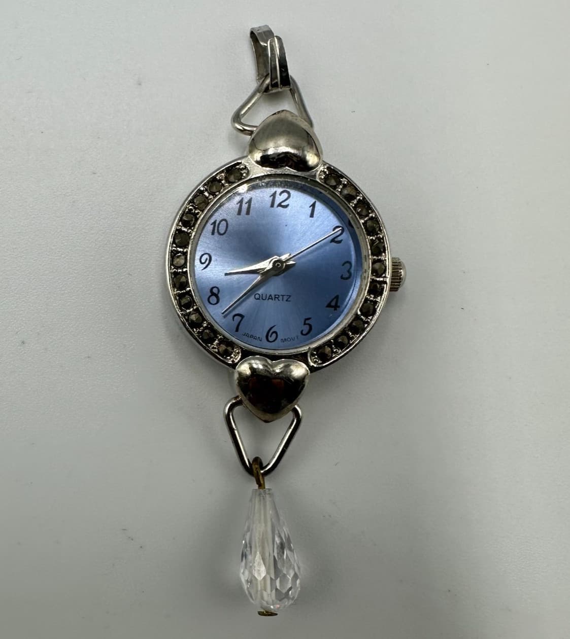 Watch Pendant Women Silver Tone Blue Dial Heart Accents Crystal Drop Works 3
