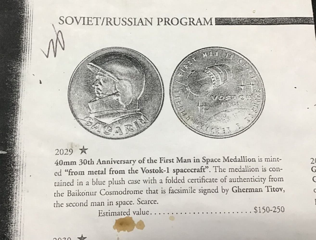 $150 1991 30th Anniversary  Gagarin Coin Medal Made from Space Flown Spacecraft 2