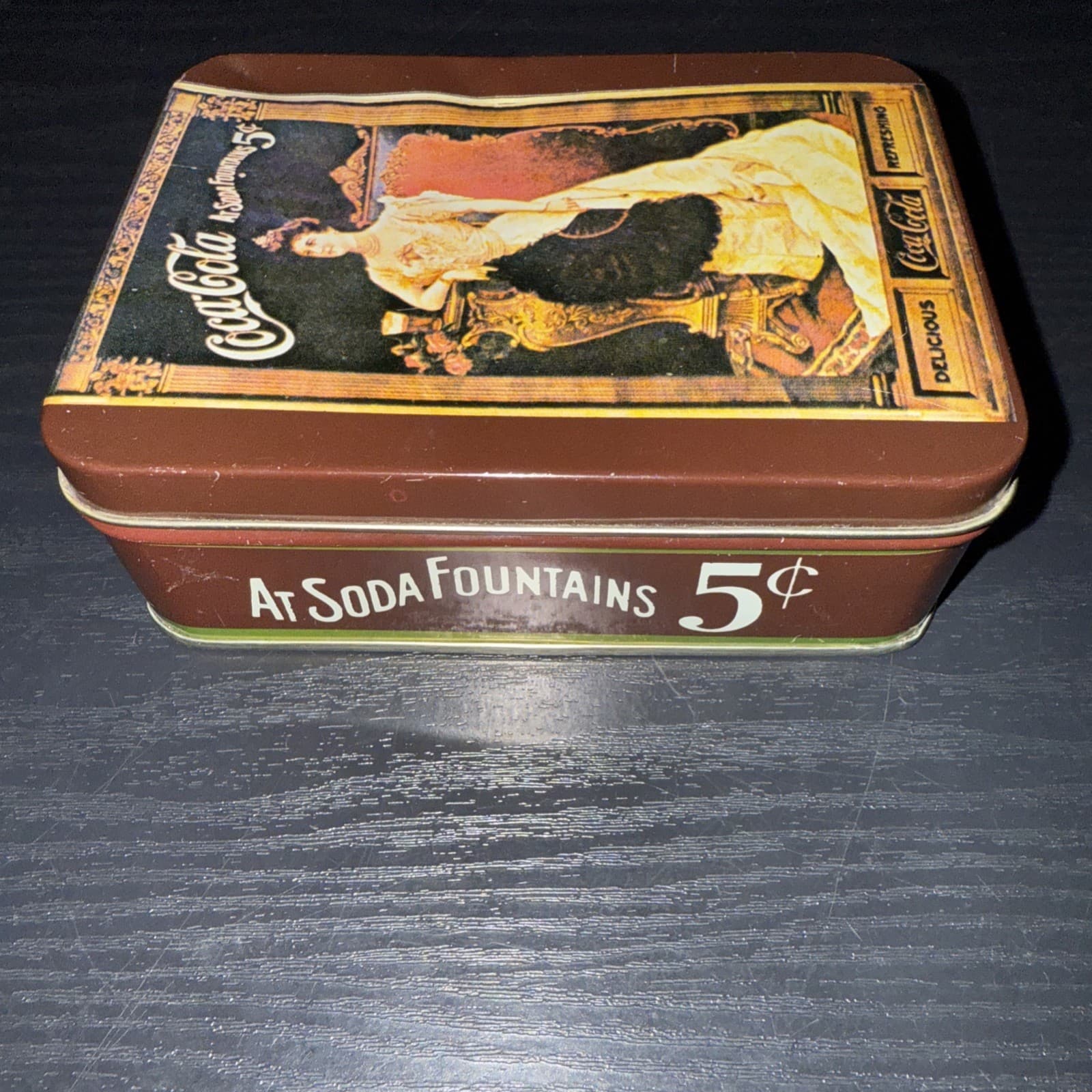 Vintage Coca-Cola “At Soda Fountains 5 Cents” Brown Tin With Hinged Lid 2