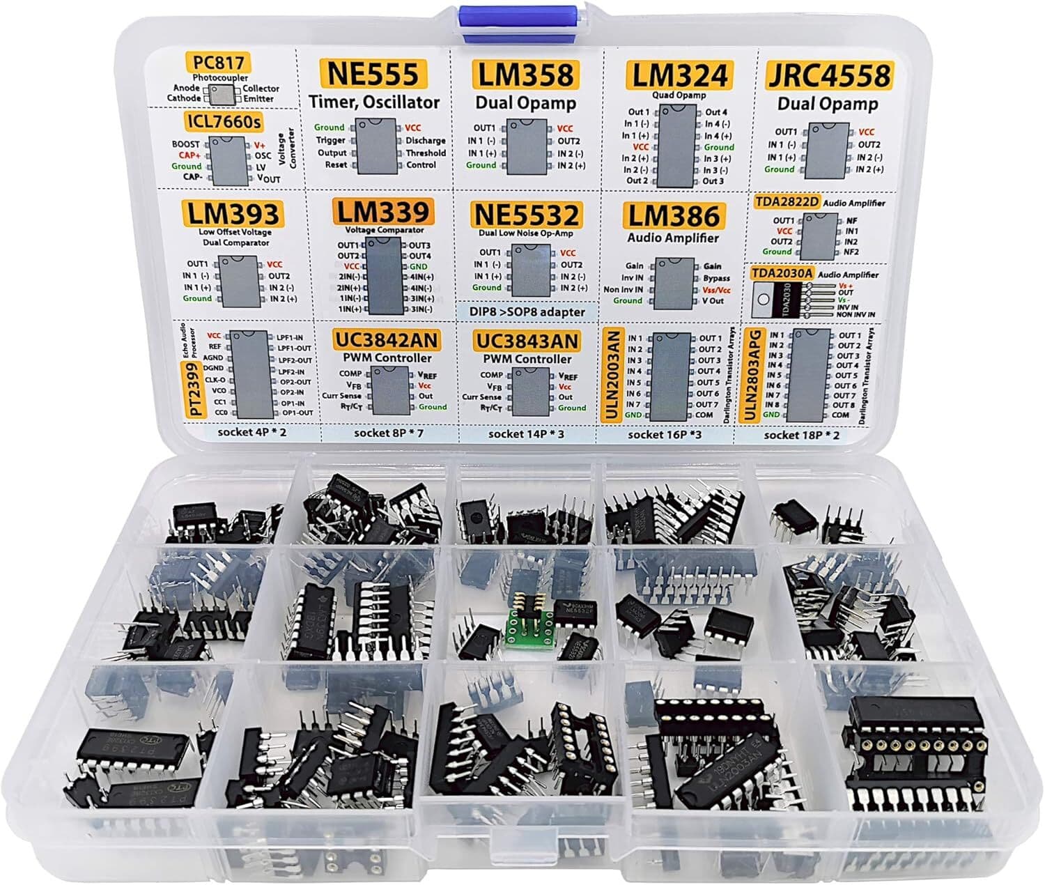 150Pcs IC Chip Assortment opamp, oscillator, pwm,Logic Gate DIP IC Chip Sockets