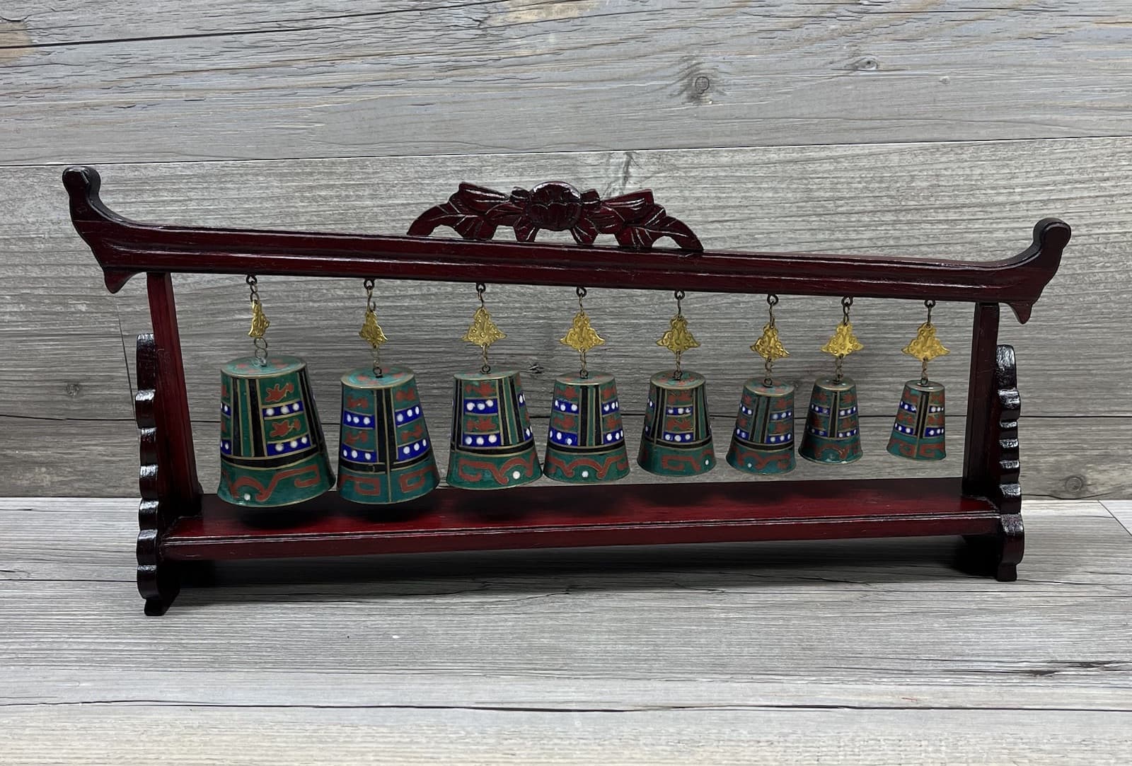 Vintage Set of Graduated Chinese Cloisonne Hanging Bells Chimes on Wood Stand