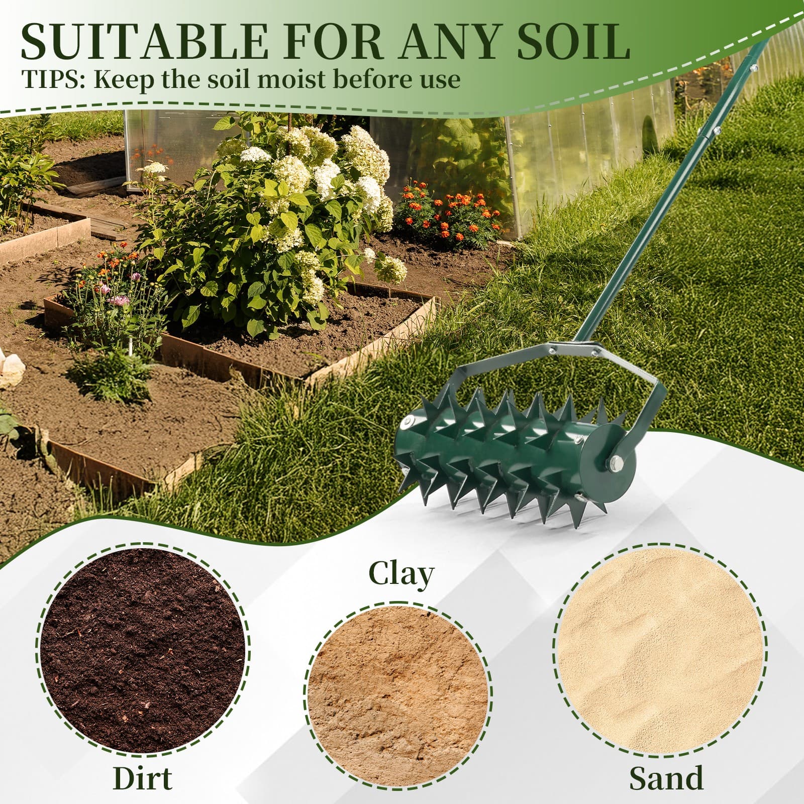 18in Lawn Aerator, Heavy Duty Rolling Aerator Lawn Tool, Manual Lawn Aerator 6