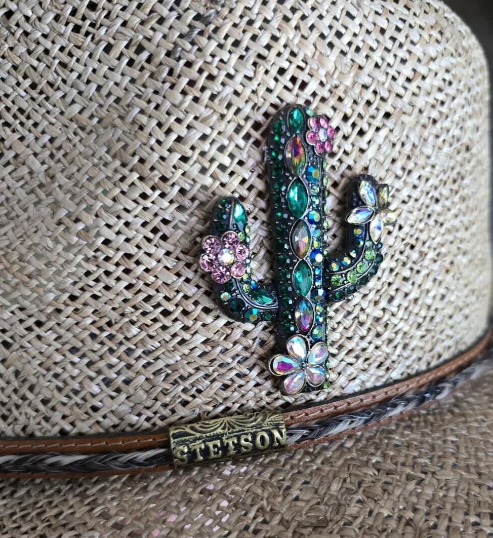 Magnetic jeweled Cactus Brooch set in antique gold tone alloy.  Western brooch 2