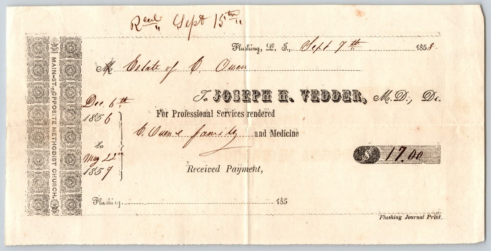 Joseph H. Vedder, M.D. Flushing, L.I. N.Y. 1858 Medical Receipt
