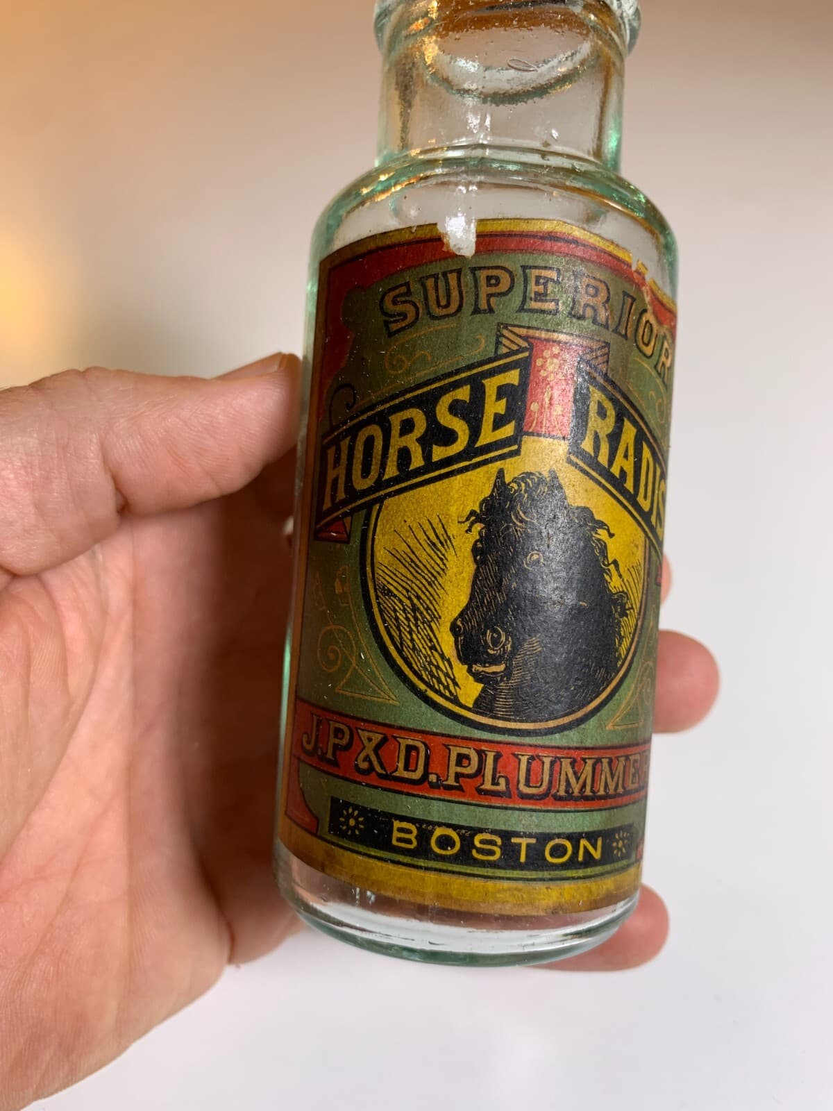 Antique LABEL Superior Horse Radish Horseradish Boston MA Plummer Bottle Jar 3