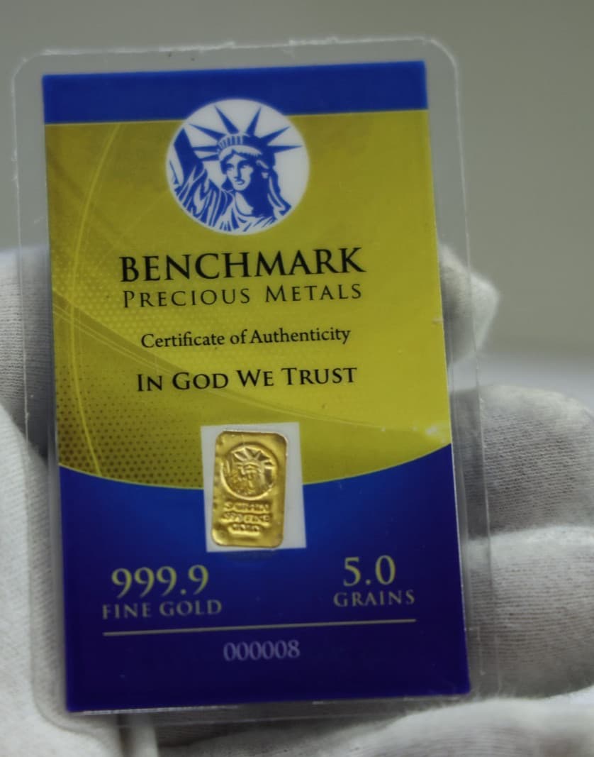 Bench Mark 5 Grains 999.9 Gold Bar 1/96th Oz.