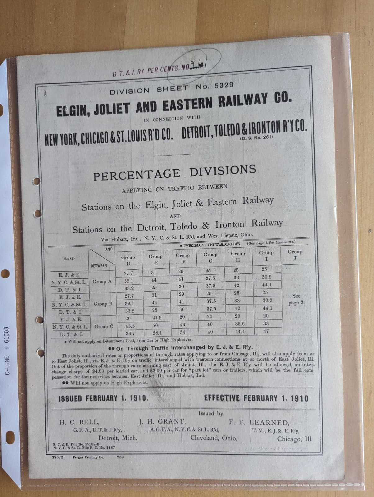 Elgin, Joliet & Eastern Railway Percentage Div. Chart Effective 2/1/1910