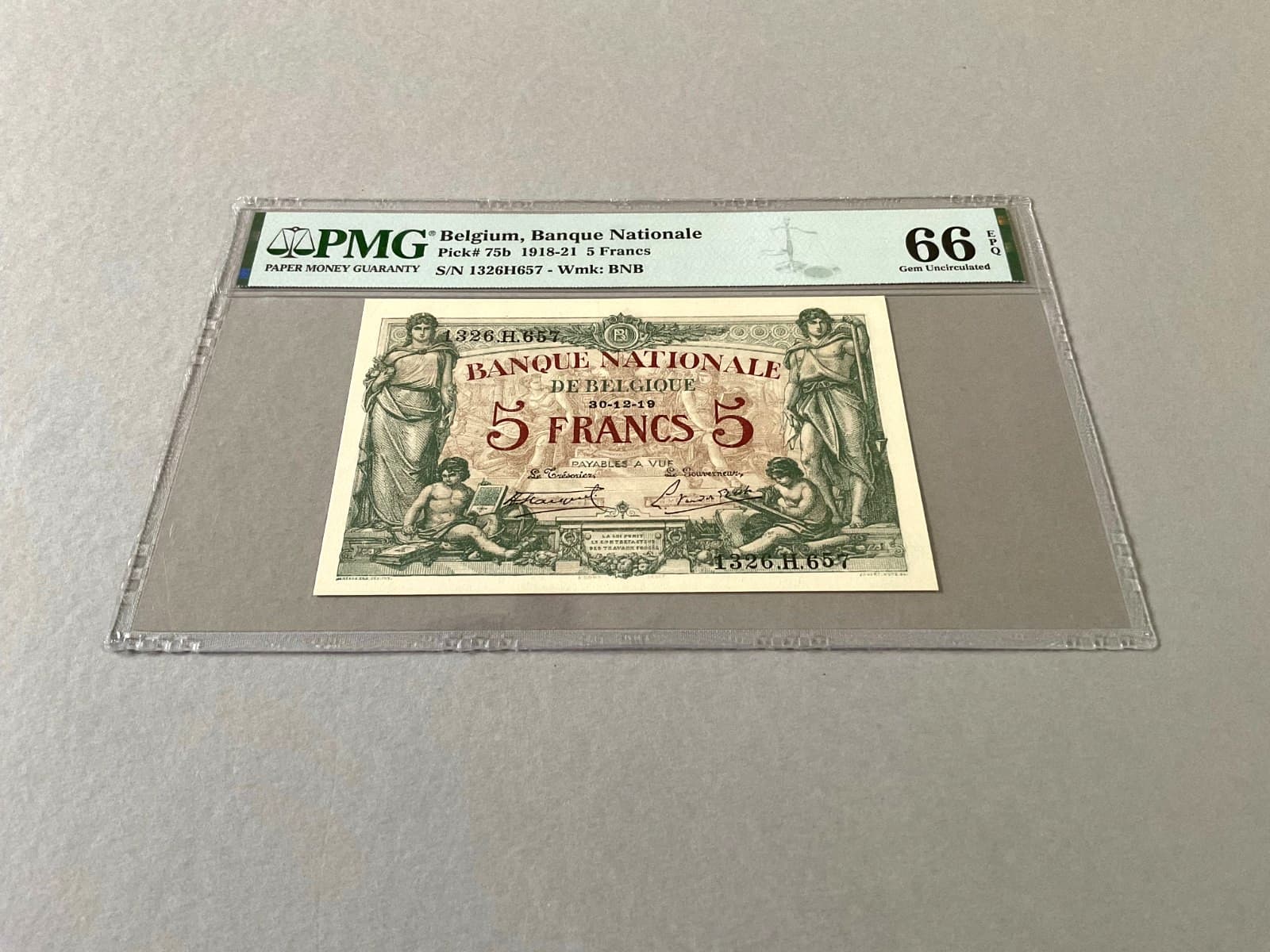 Belgium 5 Francs P-75b 1919  PMG 66 EPQ 2