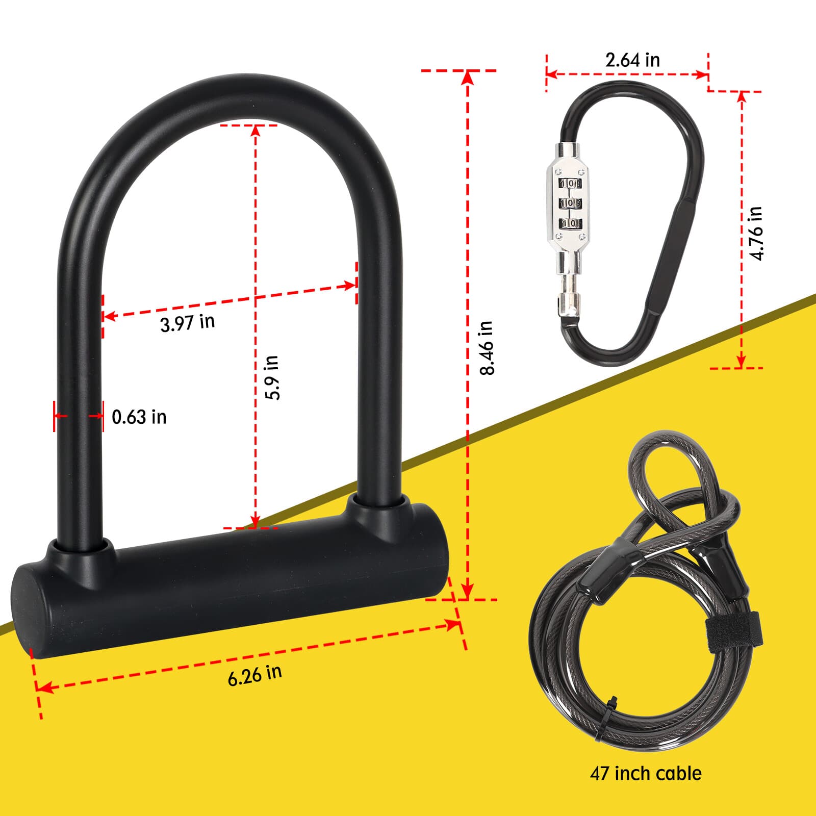 Heavy Duty Anti Theft ebike lock w/ 16mm Shackle 4ft Security Cable Bike U Lock 5