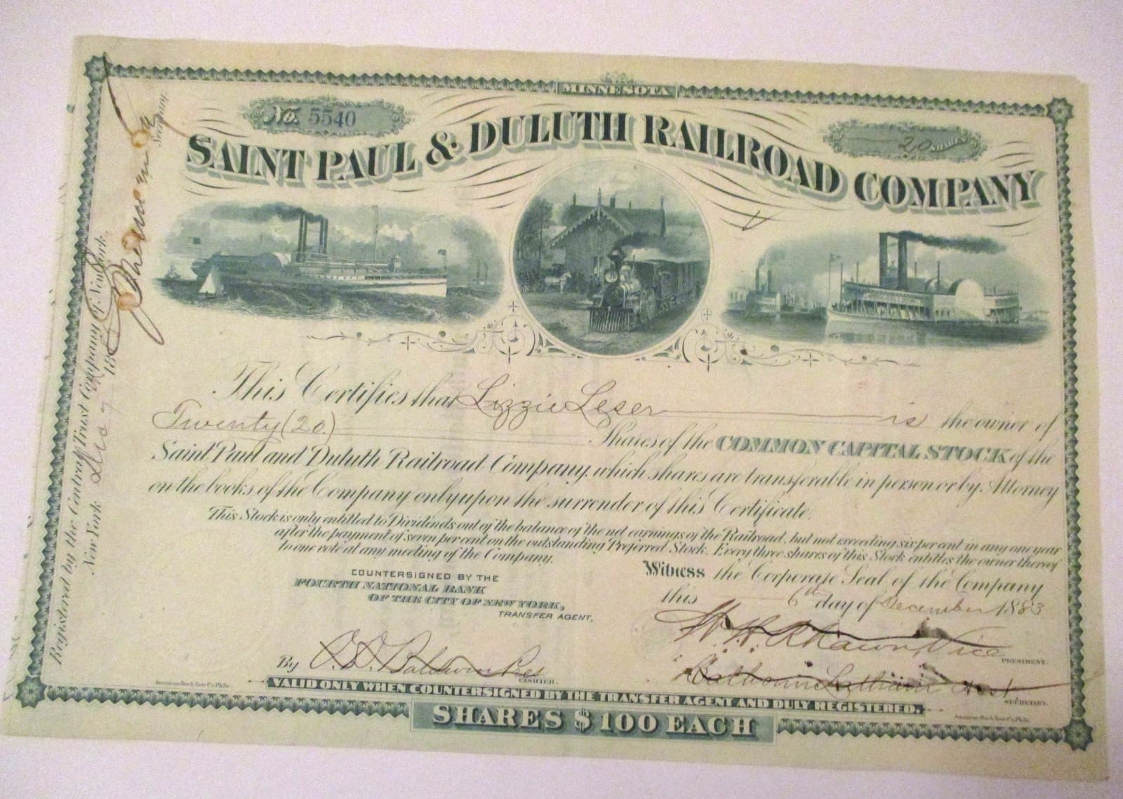 SCARCE OBSOLETE ANTIQUE 1883 SAINT PAUL & DULUTH RAILROAD CO STOCK CERTIFICATE