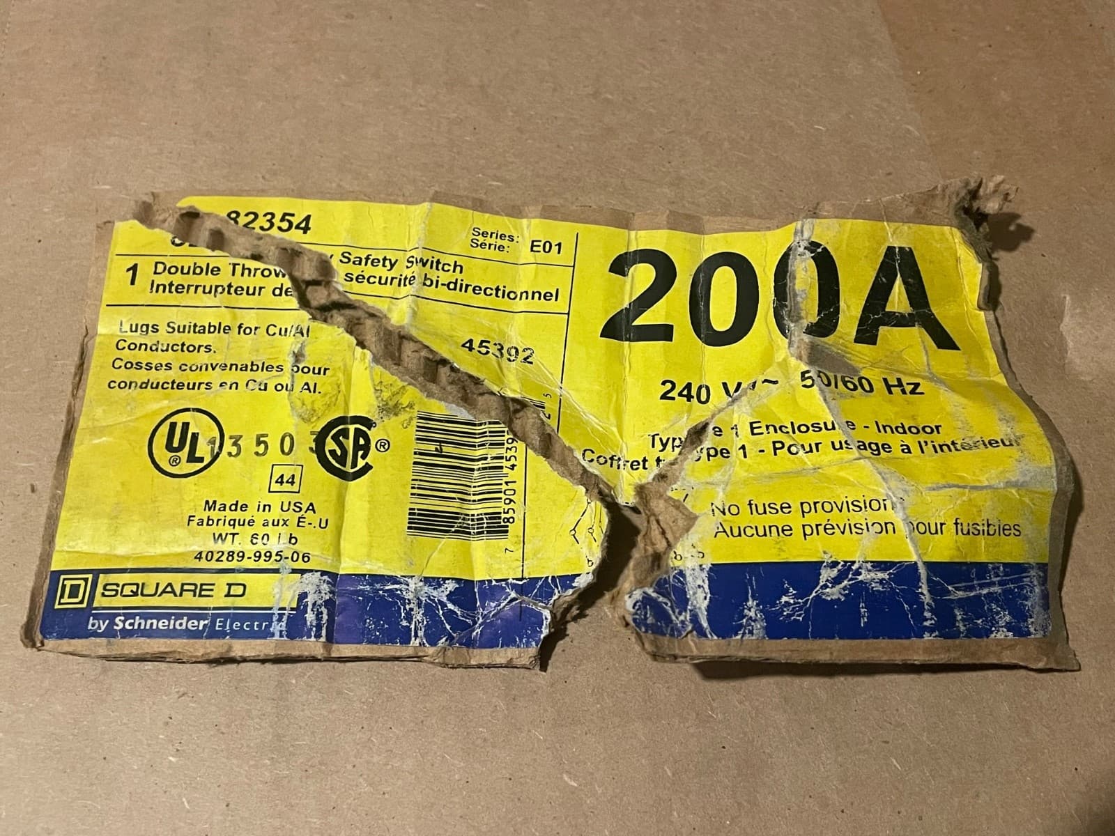 Square D 82354 200-Amp 240-VAC Double Throw Manual Transfer Switch 3-Pole Type 1 5