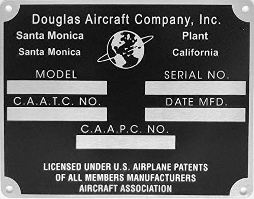 Douglas Aircraft Company Data Plate, Santa Monica Plant, WWII Aviation  DPL-0119