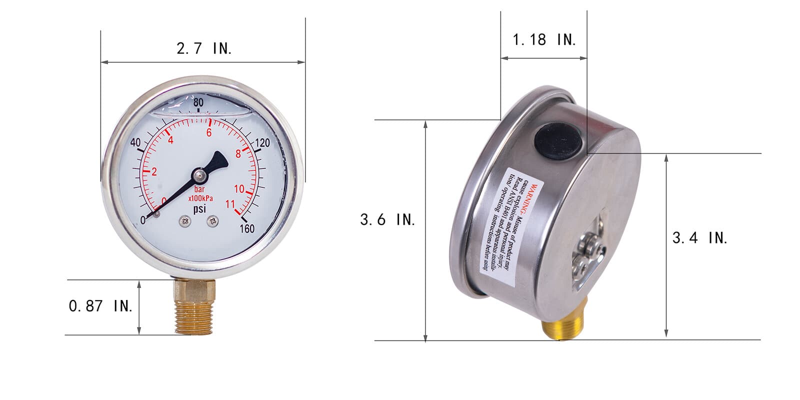 Pressure Gauge,Glycerin Filled,2-1/2" Dia,0-160 psi, 1/4 NPT Lower Mount 3