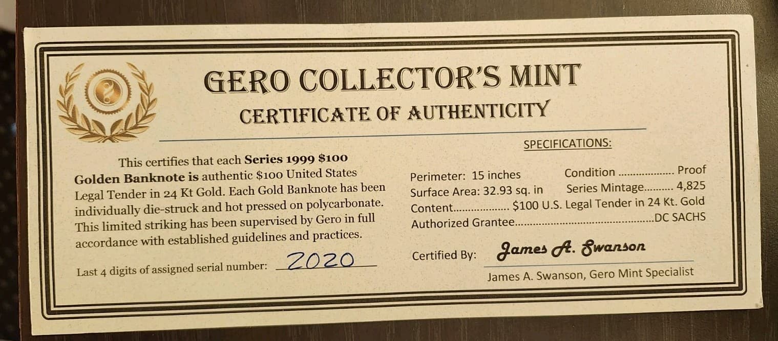 🔥$100 Dollar Bill 24k Carat Gold✨️ With Certificate of Authenticity 🔥 3