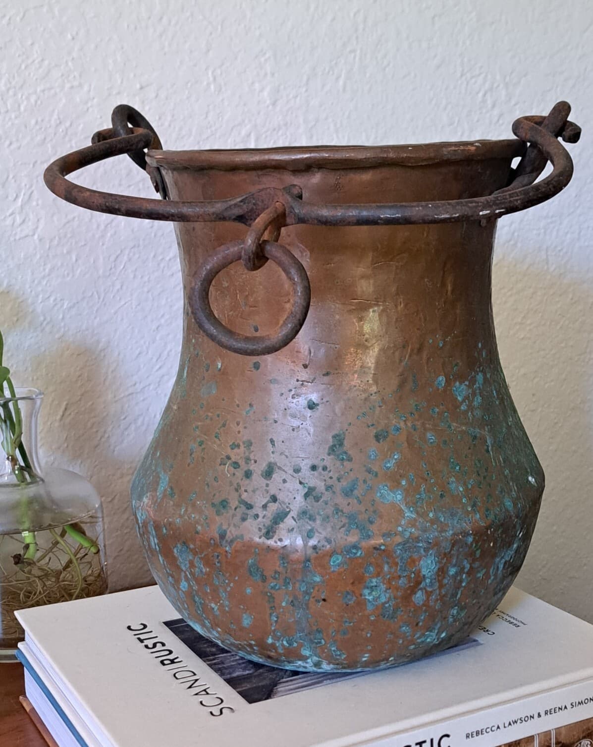 Antique Primitive Hammered Copper Hanging Pot Large Patina RARE 10" 6