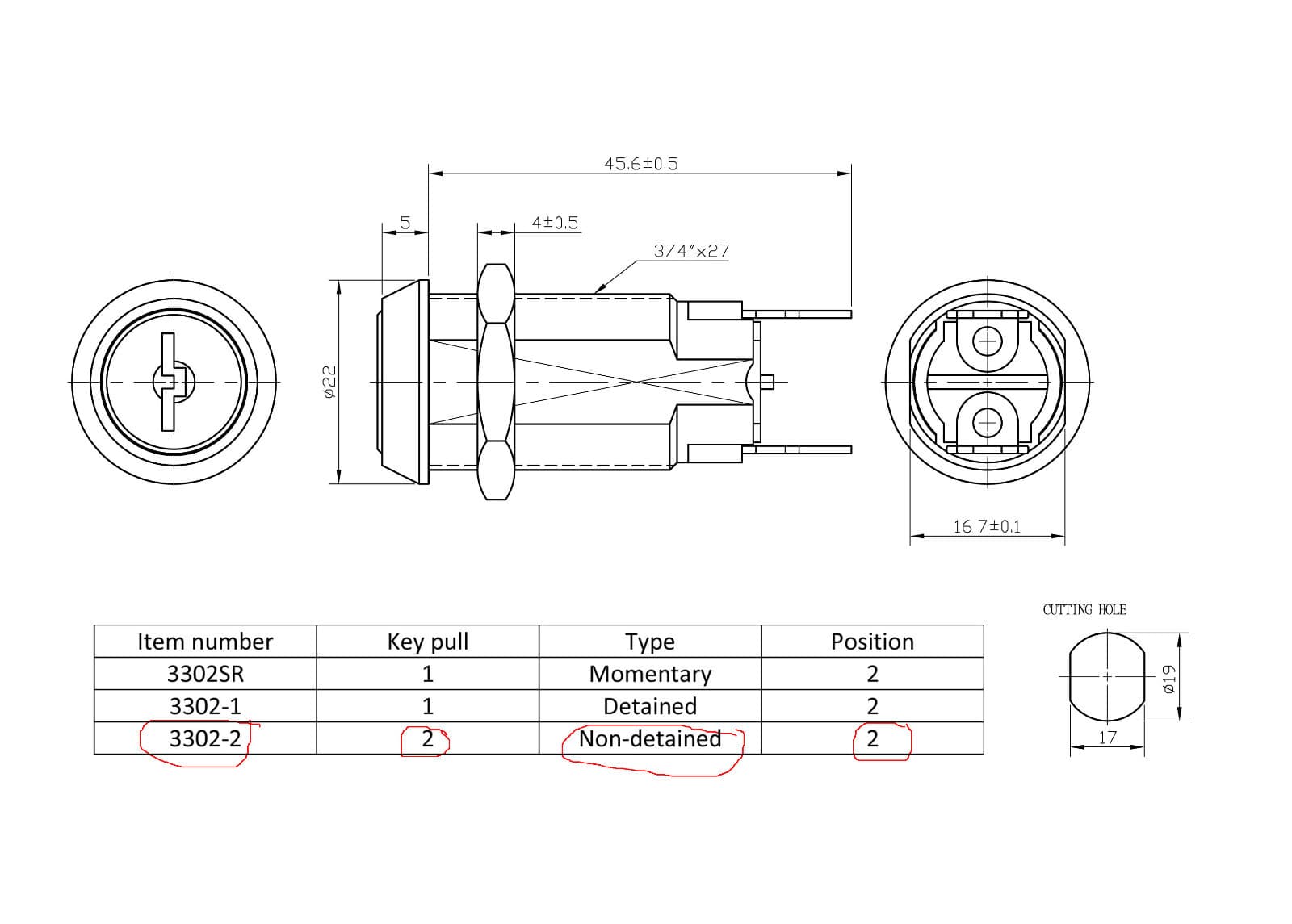 LOT OF 25  Switch Lock Single Pole  Flat key Spade Terminal  3302-2 2