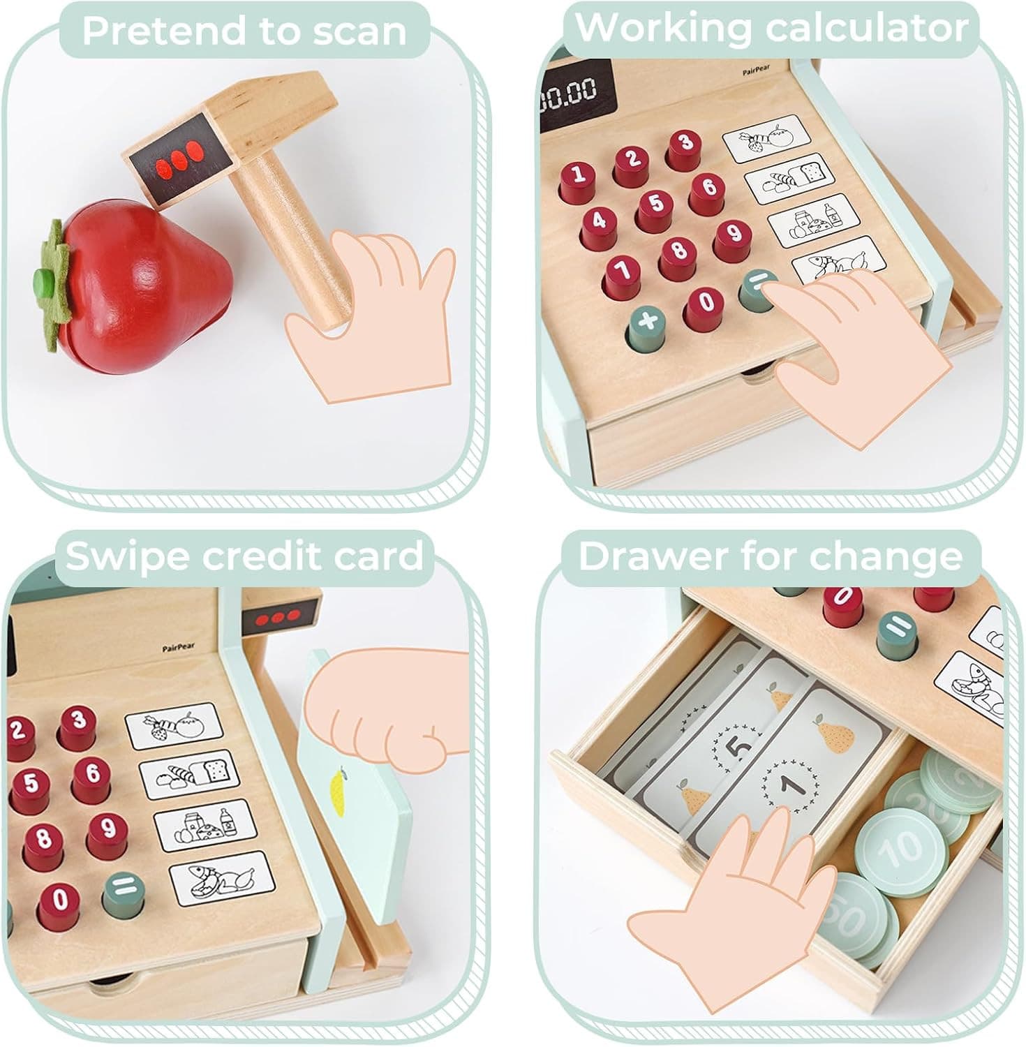 Caja registradora de madera infantil escaner tarjeta dinero juego preescolar 4