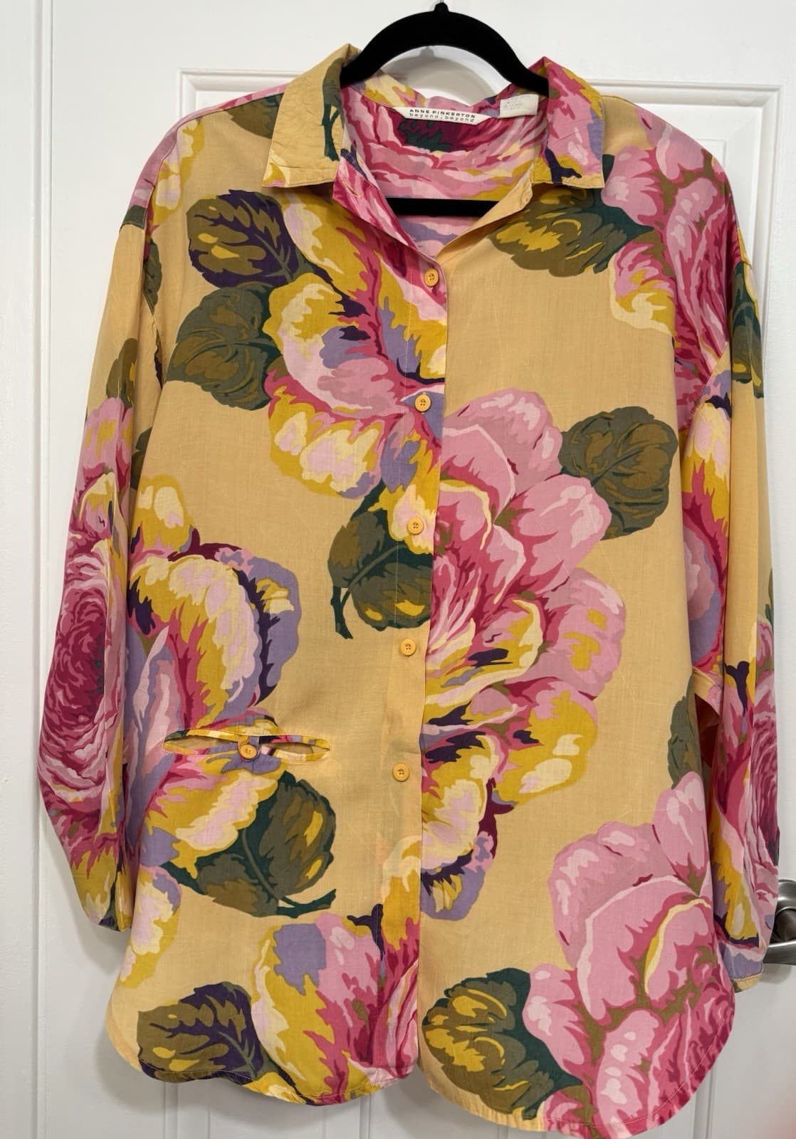 VTG Anne Pinkerton Floral Blouse Asymmetrical Yellow Button Up 90s Medium