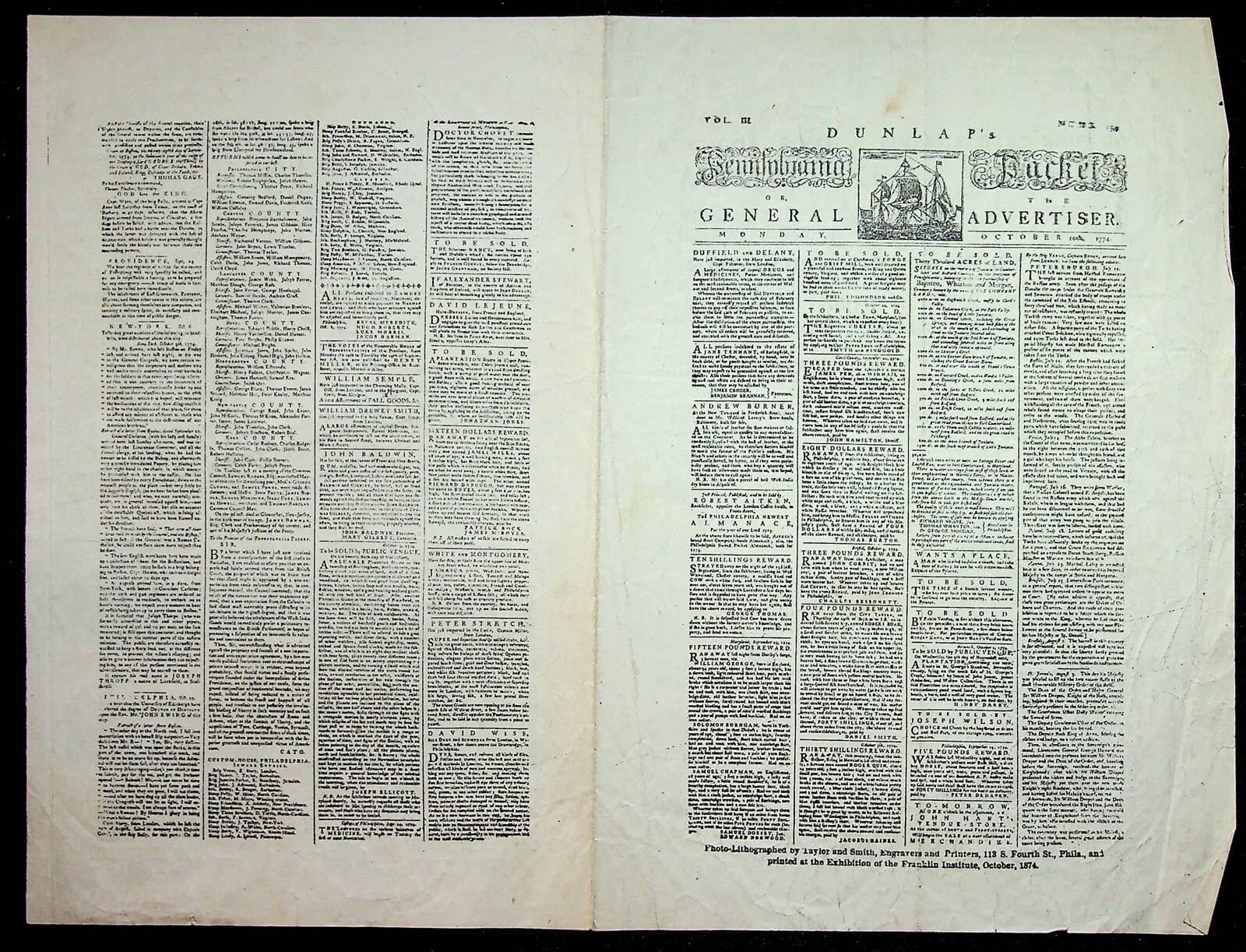 Wanamaker & Brown Clothing PA 1774 Advertisement Reprinted In 1874 Dunlap Packet 2