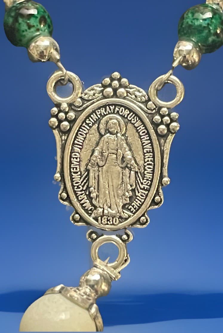 Catholic Green Marble Glass Rosary, Celtic  Crucifix, + St Patrick Medal 4