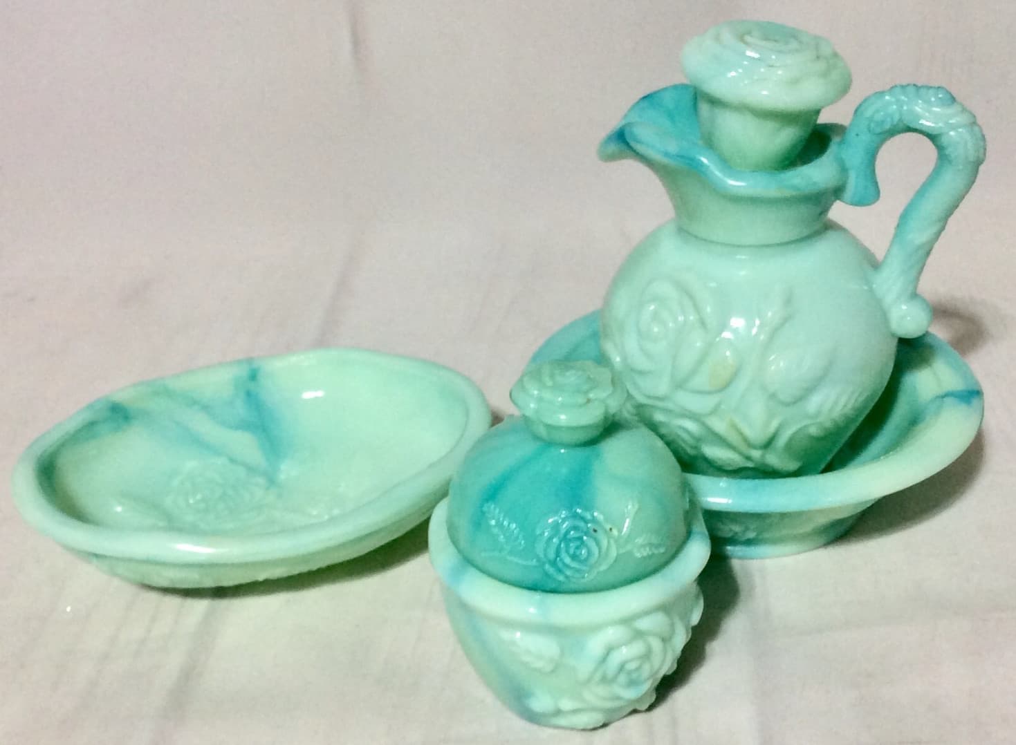 🌹 1970s AVON VANITY SET Jadeite Teal with Bowl Soap Dish & Powder Sachet Jar 🌹