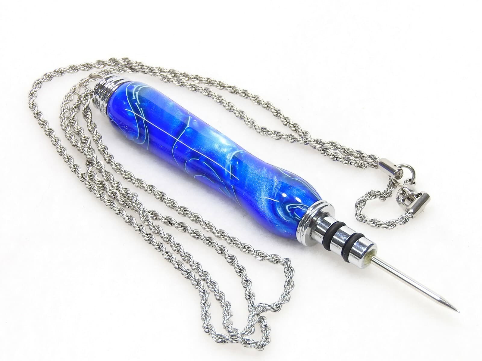 Handmade Seam Ripper Necklace w/ Stiletto, Sapphire Blue, Black, White Acrylic 2