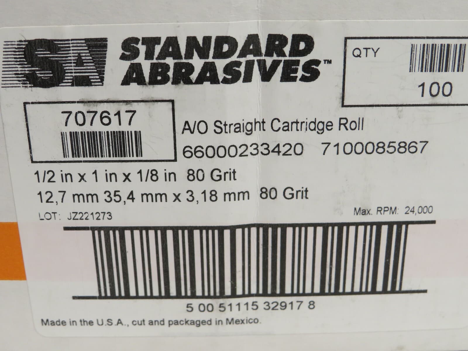 100) STANDARD ABRASIVES 707617 CARTRIDGE ROLL 1/2 IN X 1 IN X 1/8 IN A/O 80 GRIT 2