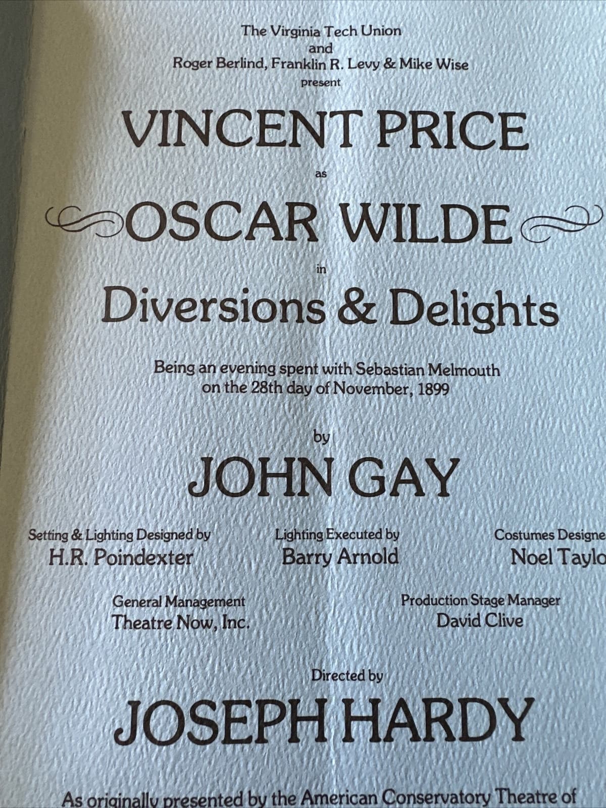 Vincent Price  "Diversions and Delights"  Souvenir Program  1978  Oscar Wilde 6
