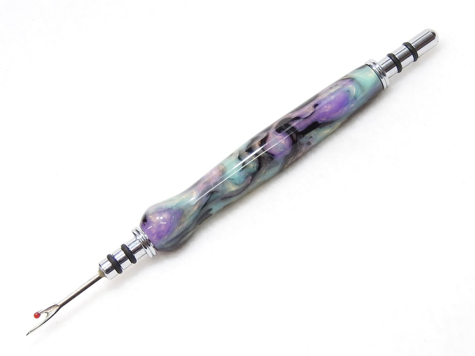 Handmade Double Seam Ripper w/ Sewing Stiletto, Aqua Pink Gold Pearl Acrylic