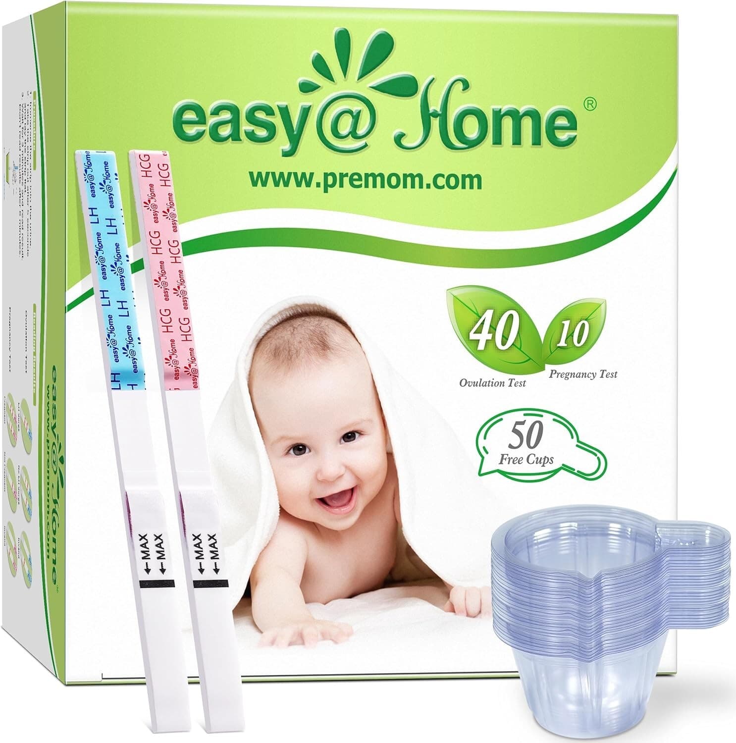 Easy@Home 40 Ovulation & 10 Pregnancy Test Strips + 50 Urine Cups Combo Kit
