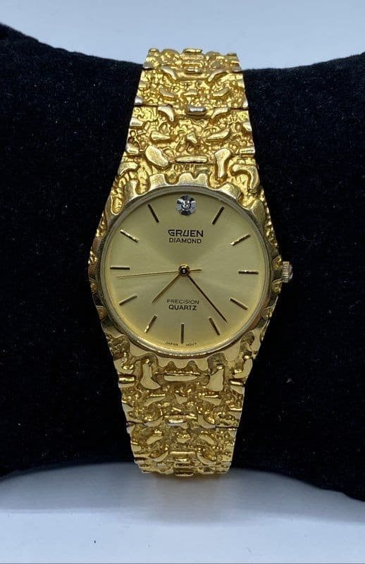 Gruen Diamond 32mm Precision Quartz Nugget Style Gold Tone Unisex Watch 62.4g