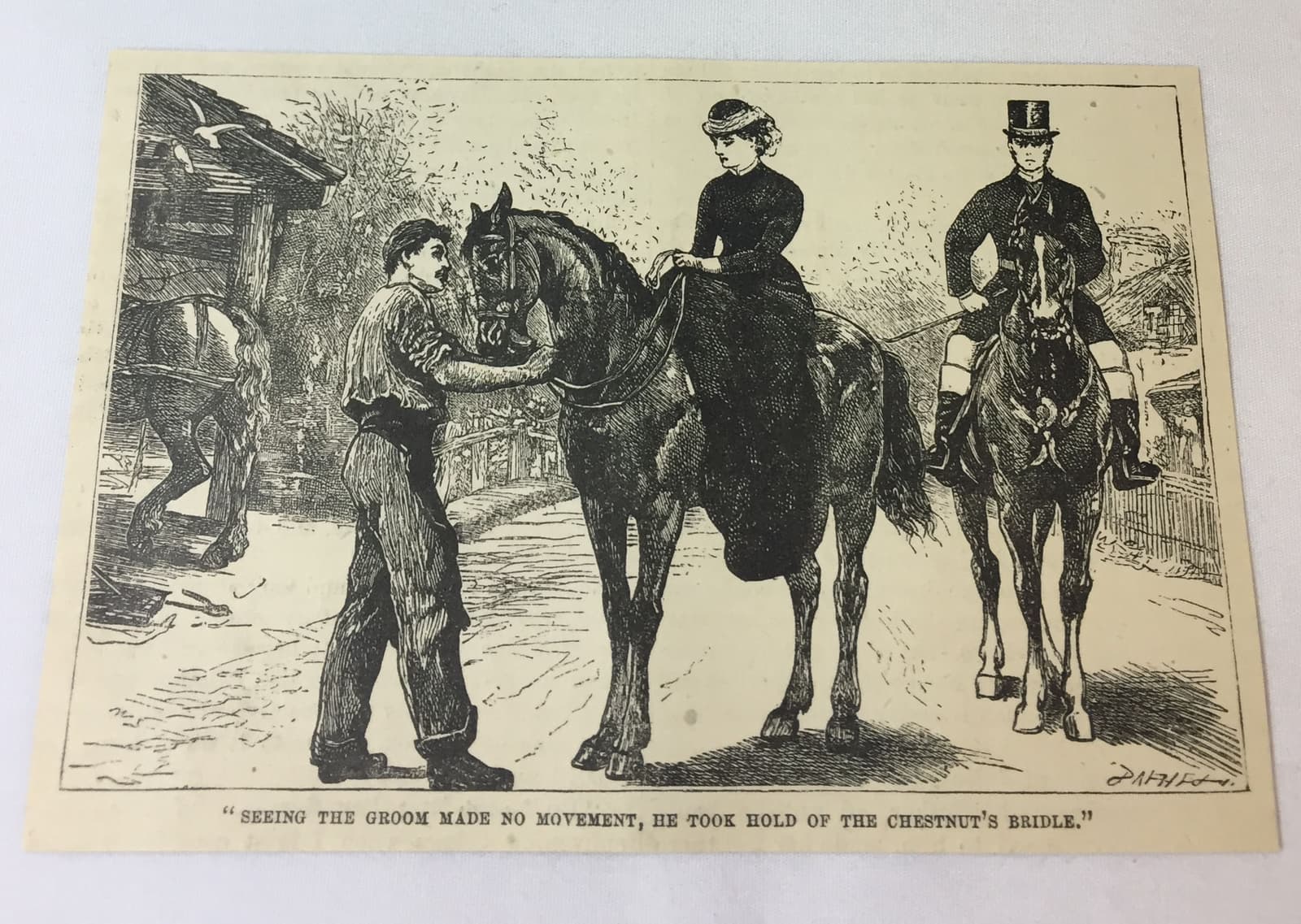 1880 magazine engraving ~ WOMAN AND MAN IN SPAT ON HORSES