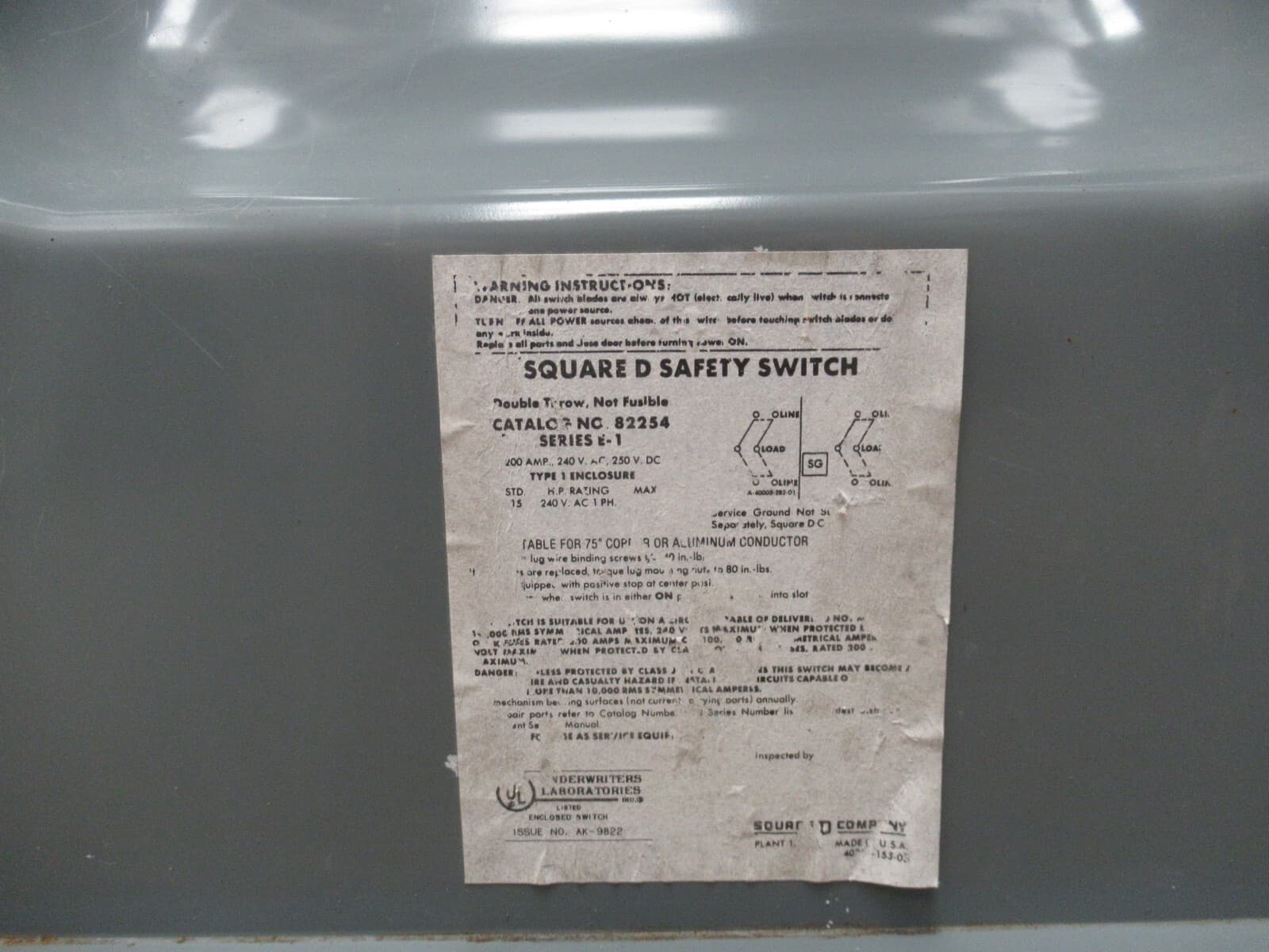 Square D 82254 Series E1 200 Amp 240 Volt 1PH 2W Double Throw Switch -ATS53 3